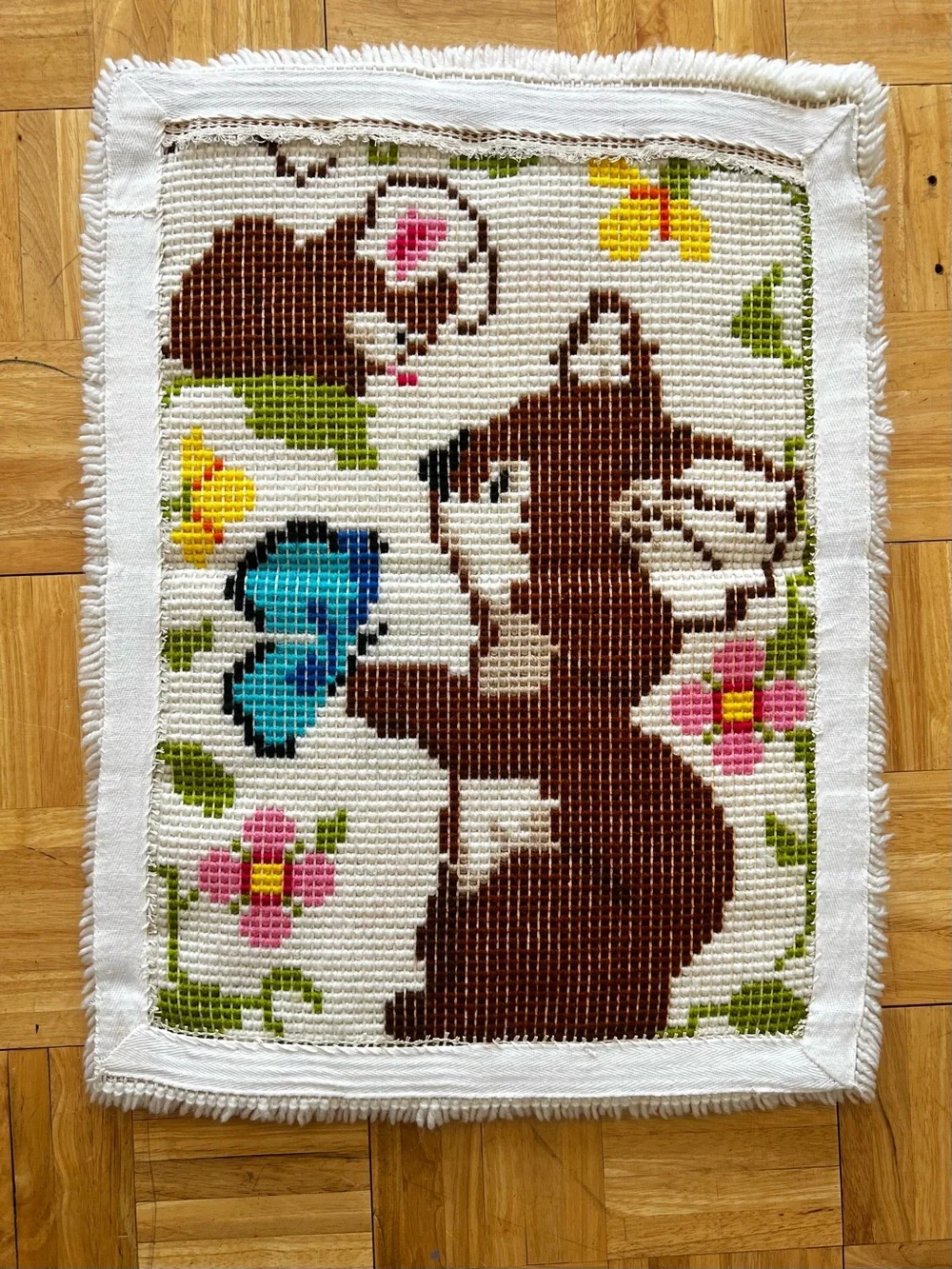 Vintage 70s Latch Hook Bath Mat Wall Hanging Butterfly Flowers Animals Handmade